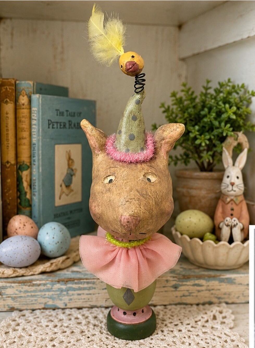 Vintage Handmade Folk Art Wood Rabbit Head Chick Circus Figure Whimsical